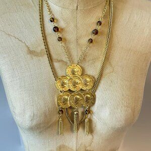 Coin Necklace, Tassel, Glass, Vintage, Gold Tone, 1970s, 70s, Double Strand